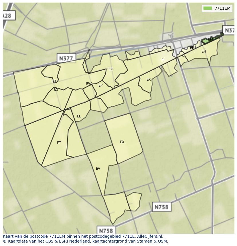 Afbeelding van het postcodegebied 7711 EM op de kaart.