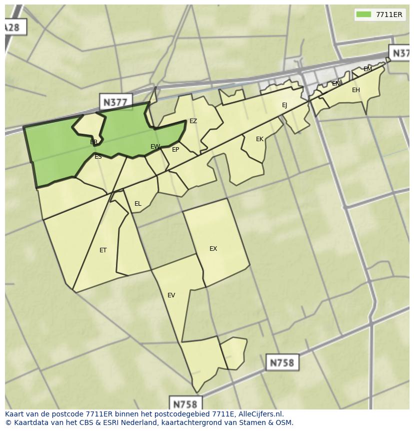 Afbeelding van het postcodegebied 7711 ER op de kaart.