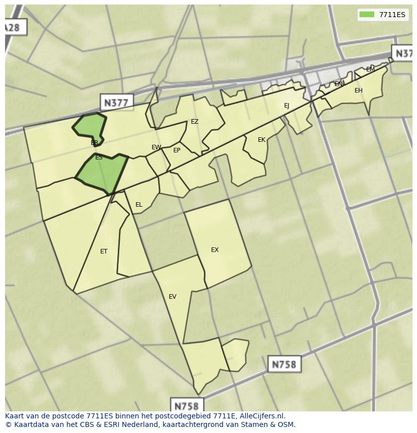 Afbeelding van het postcodegebied 7711 ES op de kaart.