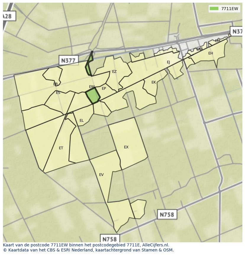 Afbeelding van het postcodegebied 7711 EW op de kaart.