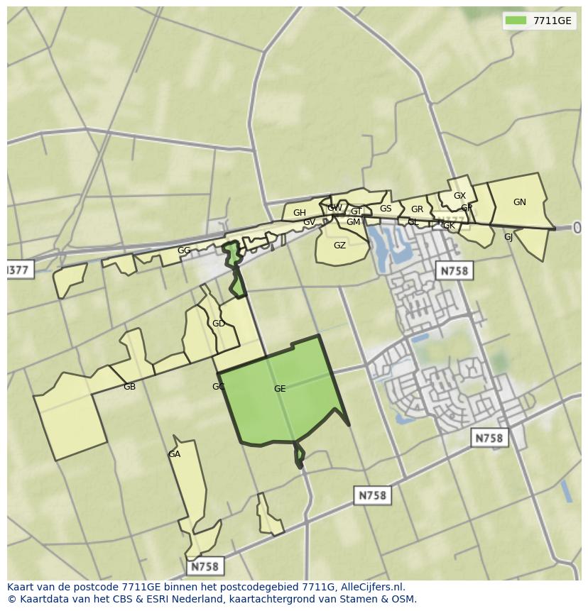 Afbeelding van het postcodegebied 7711 GE op de kaart.