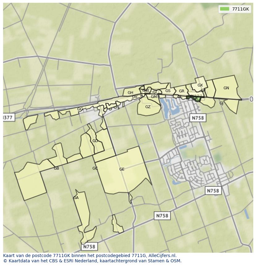 Afbeelding van het postcodegebied 7711 GK op de kaart.