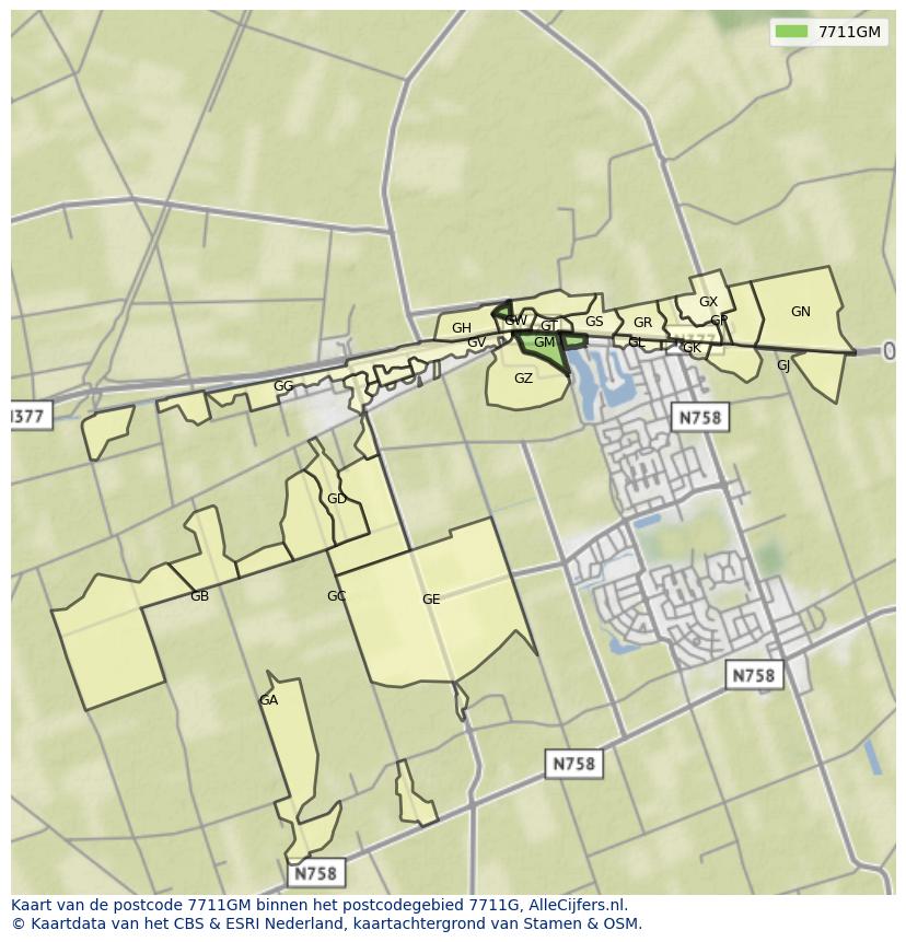 Afbeelding van het postcodegebied 7711 GM op de kaart.