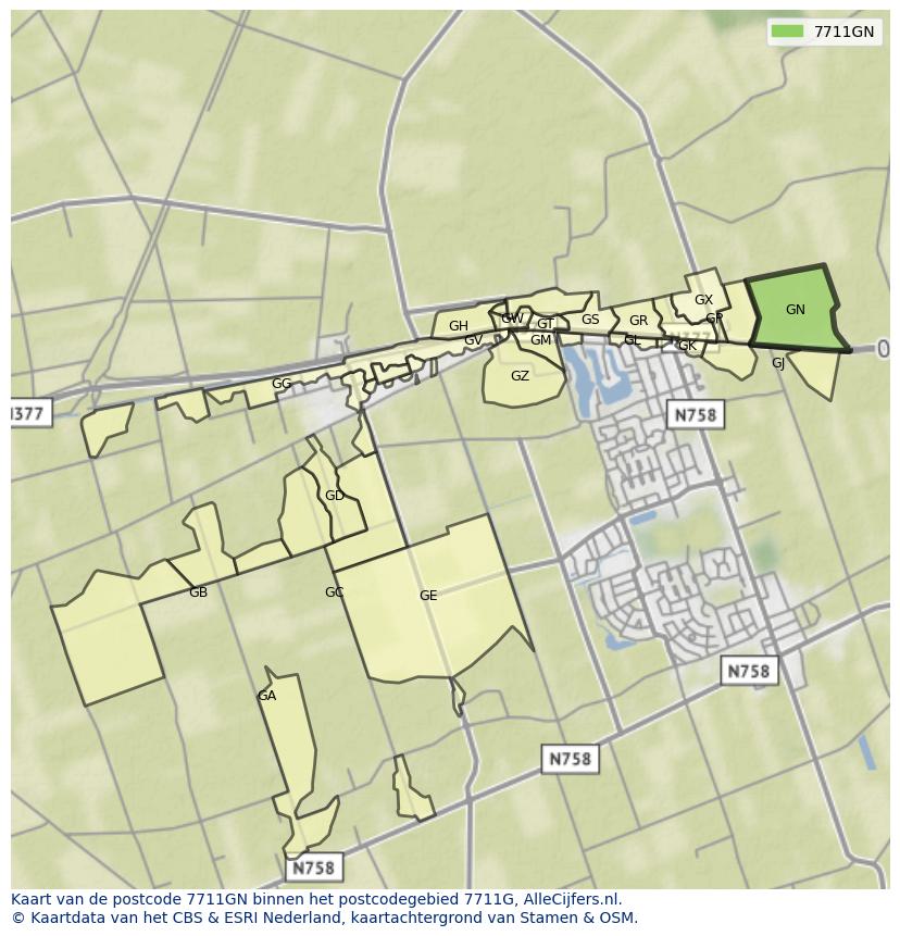 Afbeelding van het postcodegebied 7711 GN op de kaart.