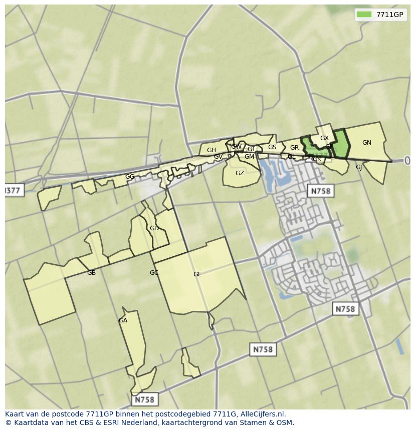 Afbeelding van het postcodegebied 7711 GP op de kaart.