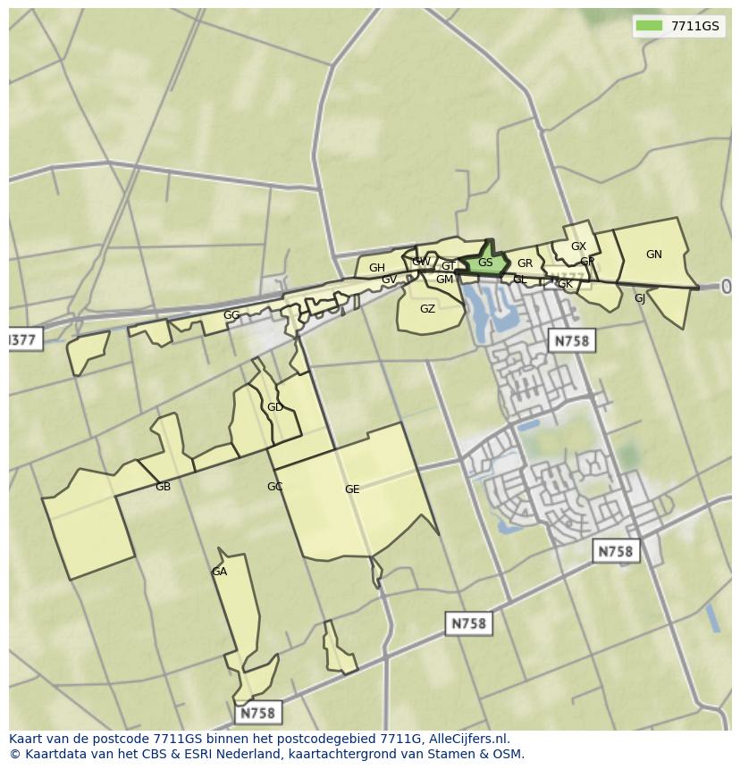 Afbeelding van het postcodegebied 7711 GS op de kaart.