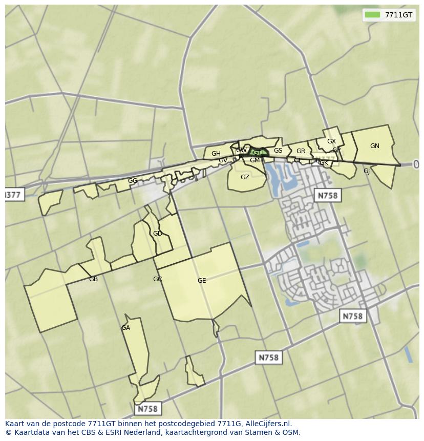 Afbeelding van het postcodegebied 7711 GT op de kaart.