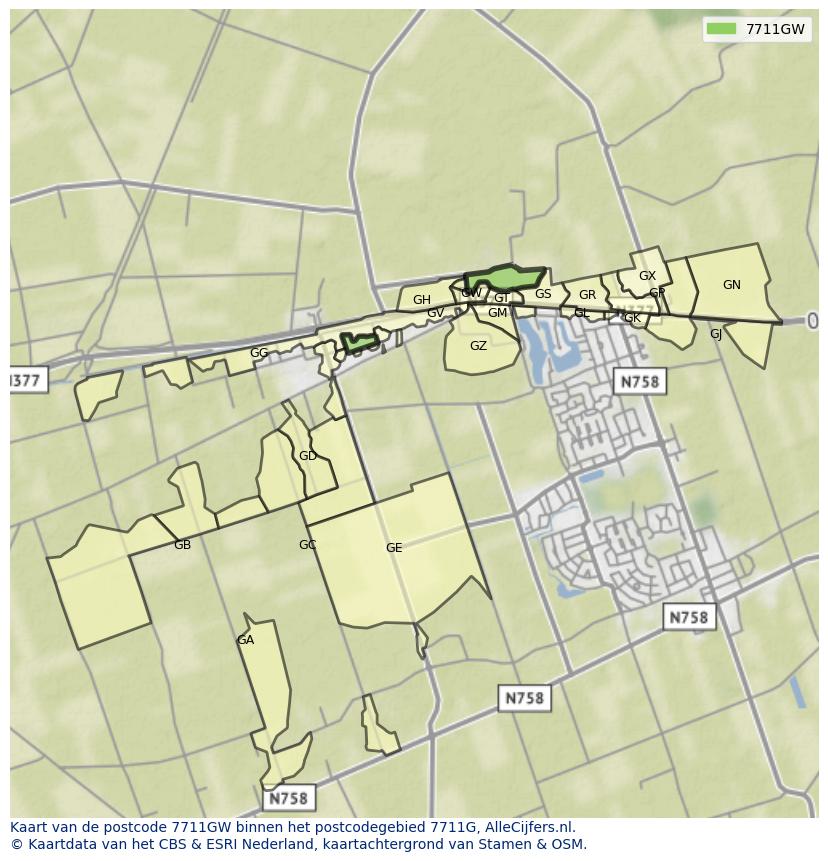 Afbeelding van het postcodegebied 7711 GW op de kaart.