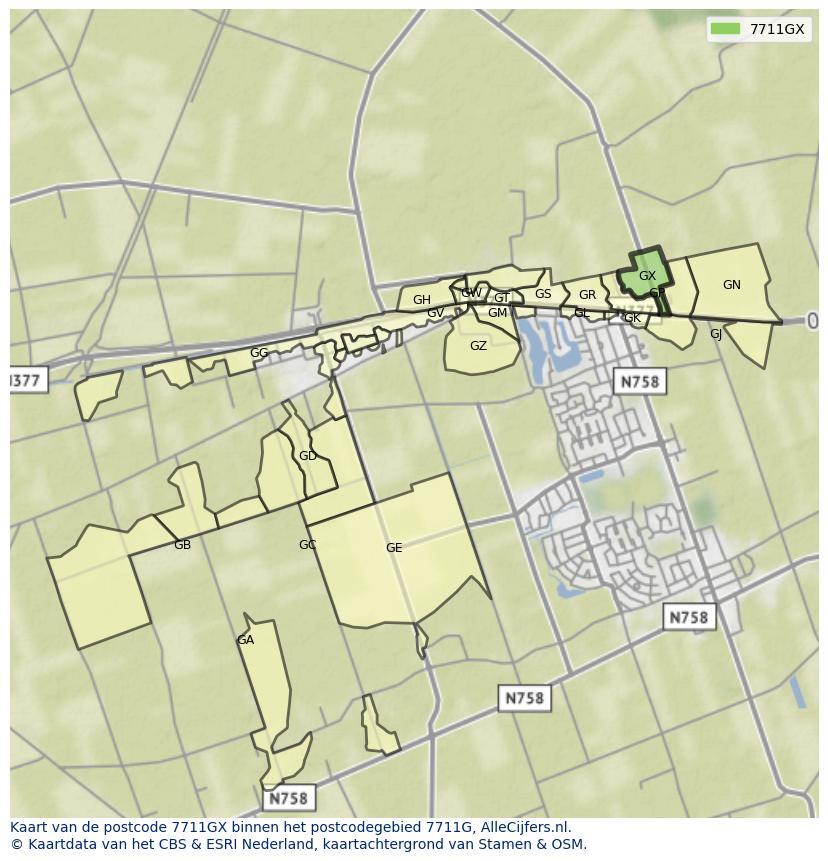 Afbeelding van het postcodegebied 7711 GX op de kaart.