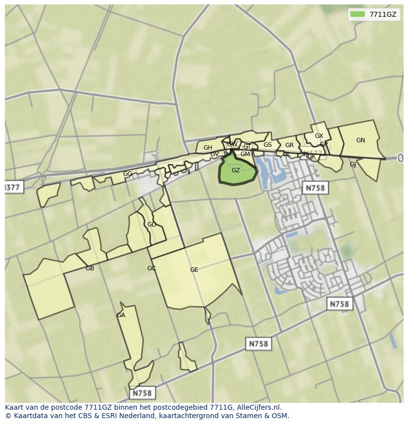 Afbeelding van het postcodegebied 7711 GZ op de kaart.