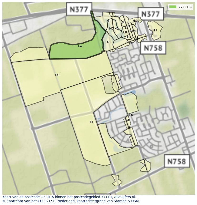 Afbeelding van het postcodegebied 7711 HA op de kaart.