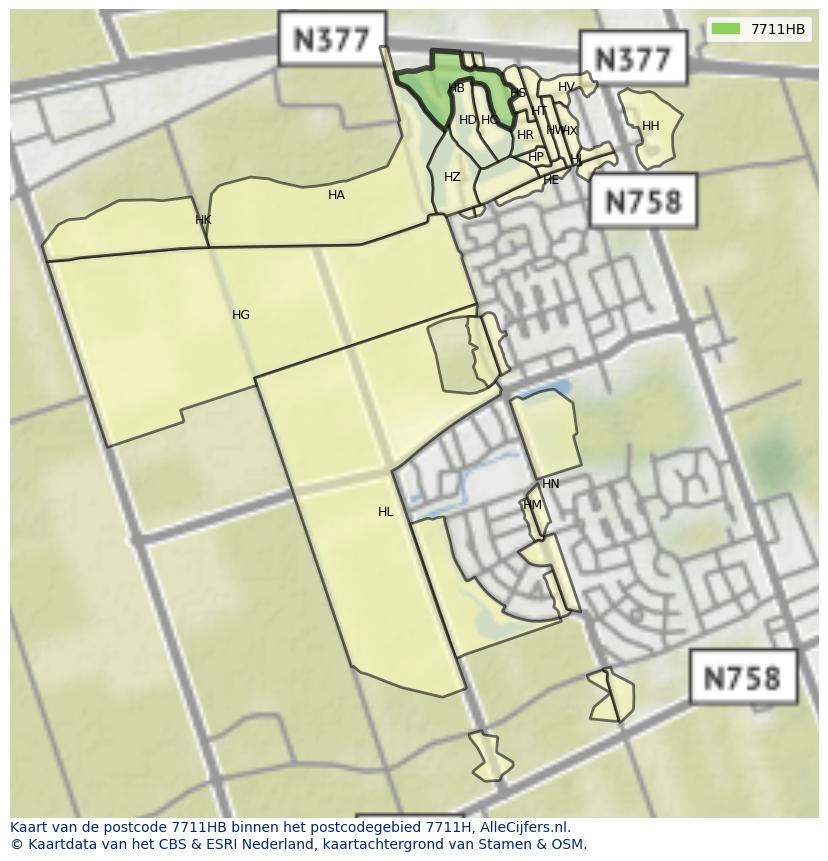 Afbeelding van het postcodegebied 7711 HB op de kaart.