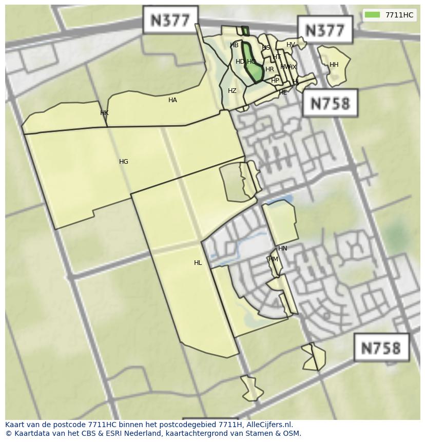 Afbeelding van het postcodegebied 7711 HC op de kaart.