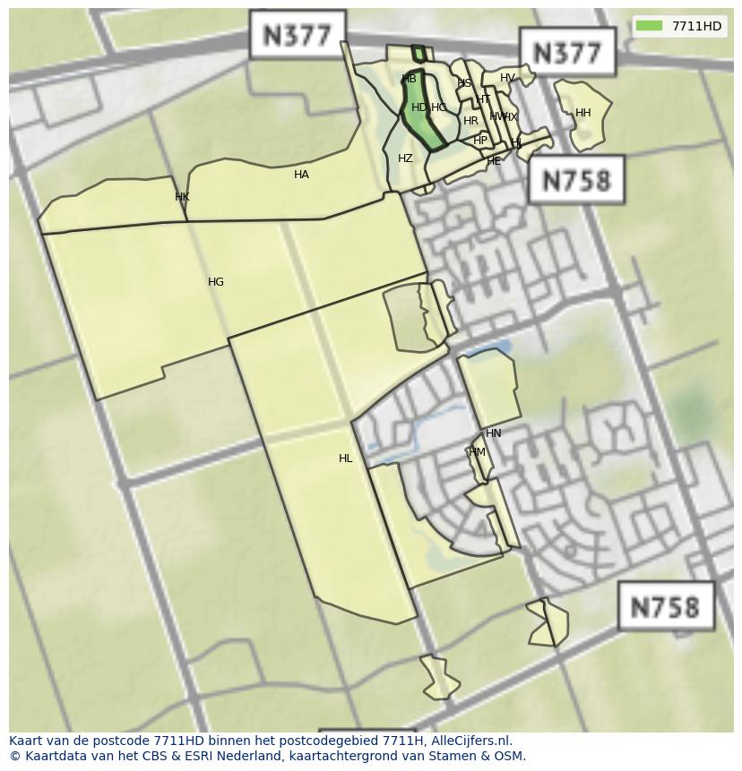 Afbeelding van het postcodegebied 7711 HD op de kaart.