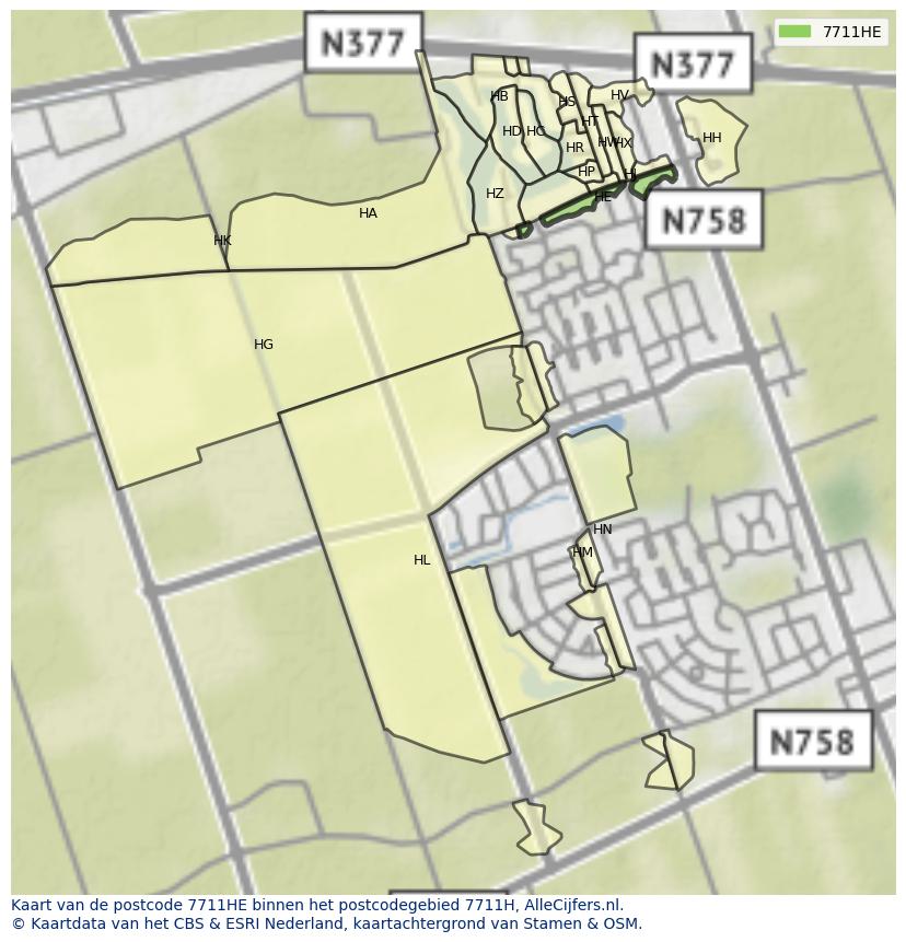 Afbeelding van het postcodegebied 7711 HE op de kaart.