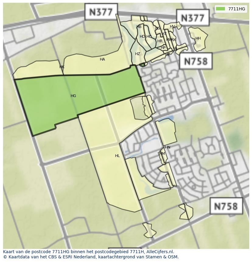 Afbeelding van het postcodegebied 7711 HG op de kaart.