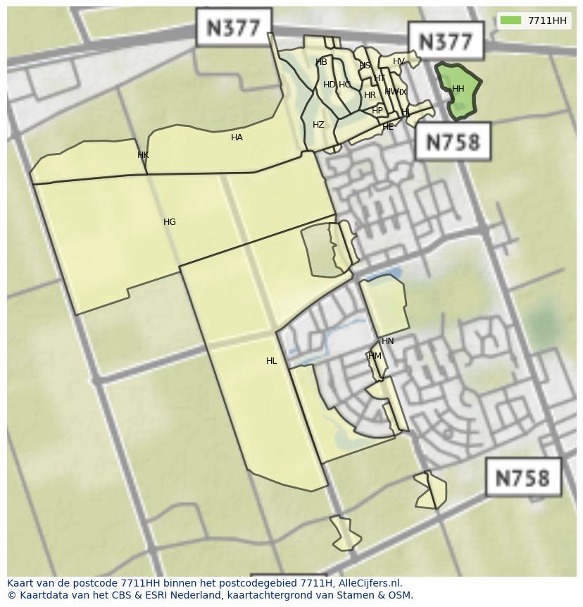 Afbeelding van het postcodegebied 7711 HH op de kaart.
