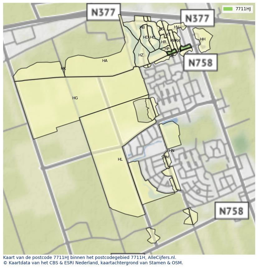 Afbeelding van het postcodegebied 7711 HJ op de kaart.