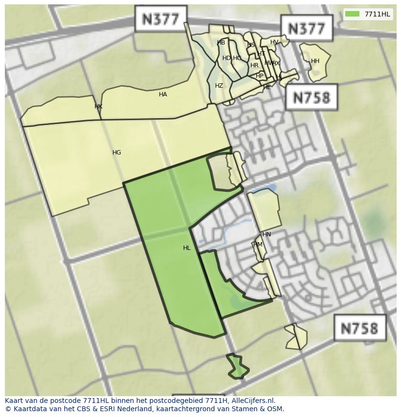 Afbeelding van het postcodegebied 7711 HL op de kaart.