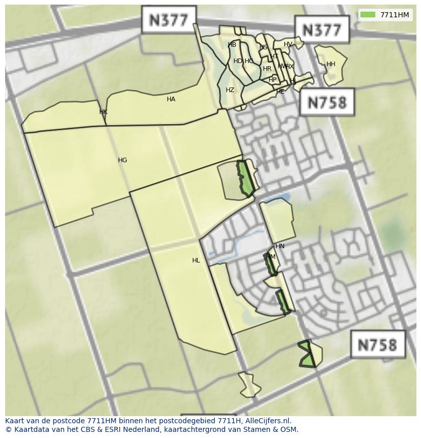 Afbeelding van het postcodegebied 7711 HM op de kaart.