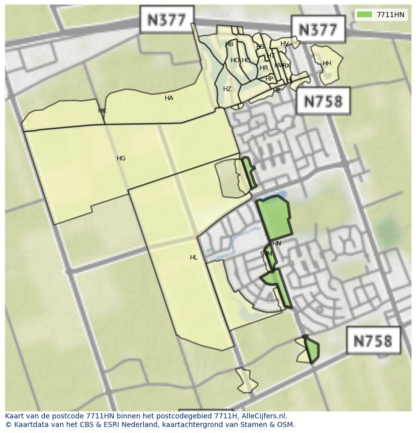 Afbeelding van het postcodegebied 7711 HN op de kaart.