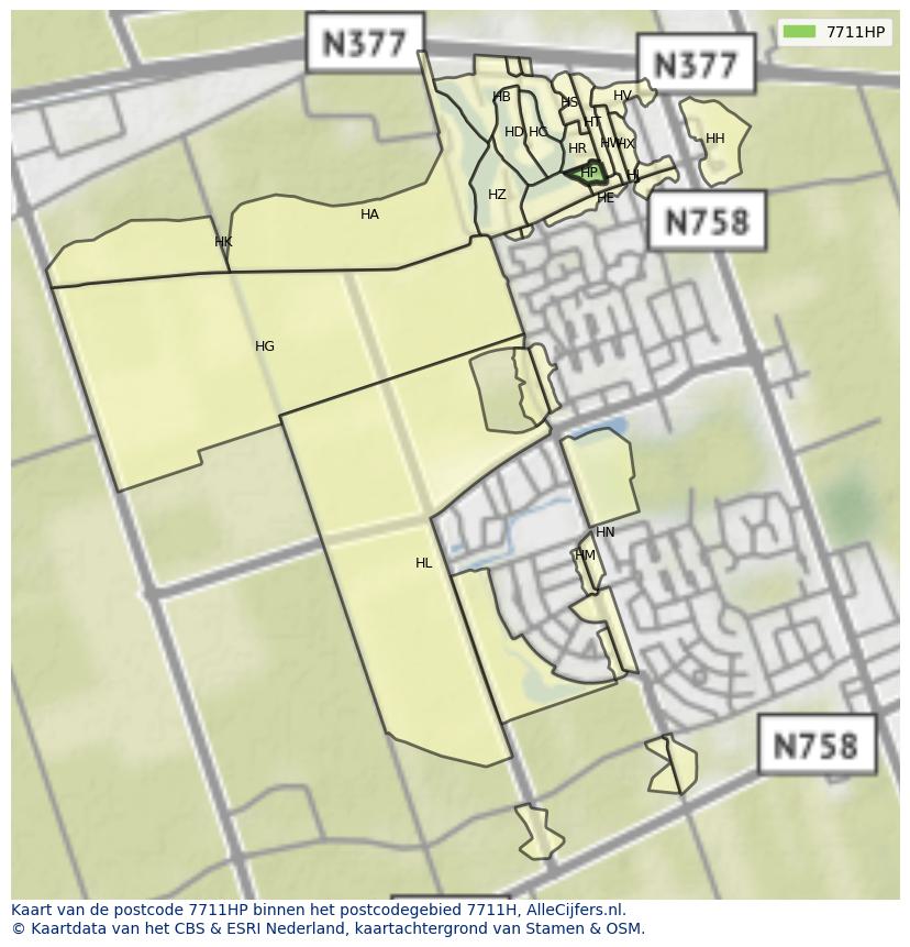 Afbeelding van het postcodegebied 7711 HP op de kaart.