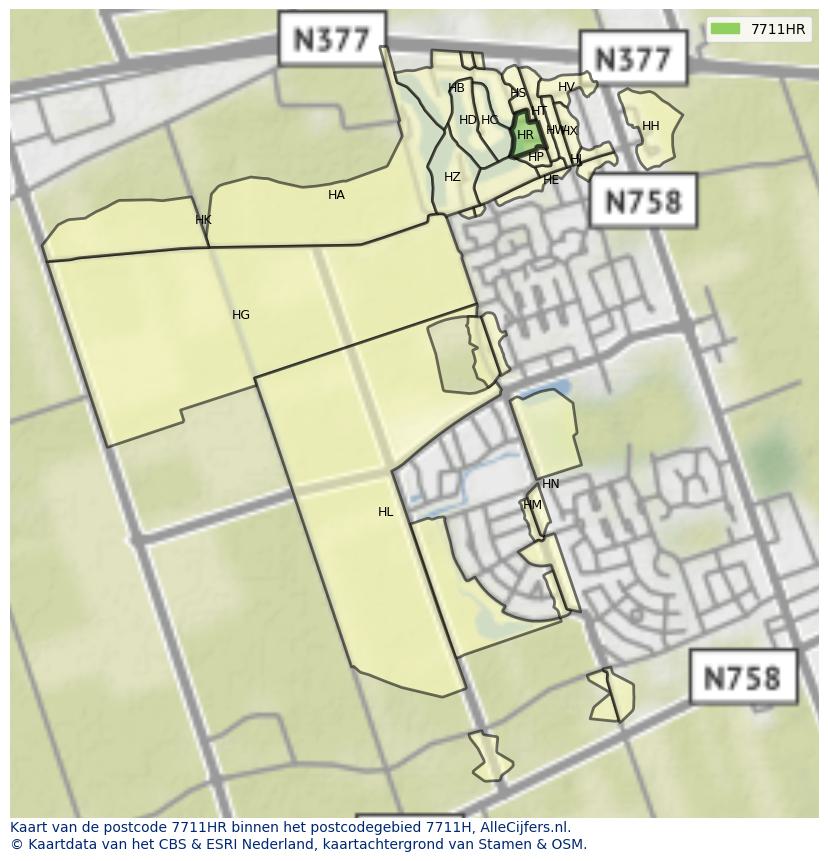 Afbeelding van het postcodegebied 7711 HR op de kaart.