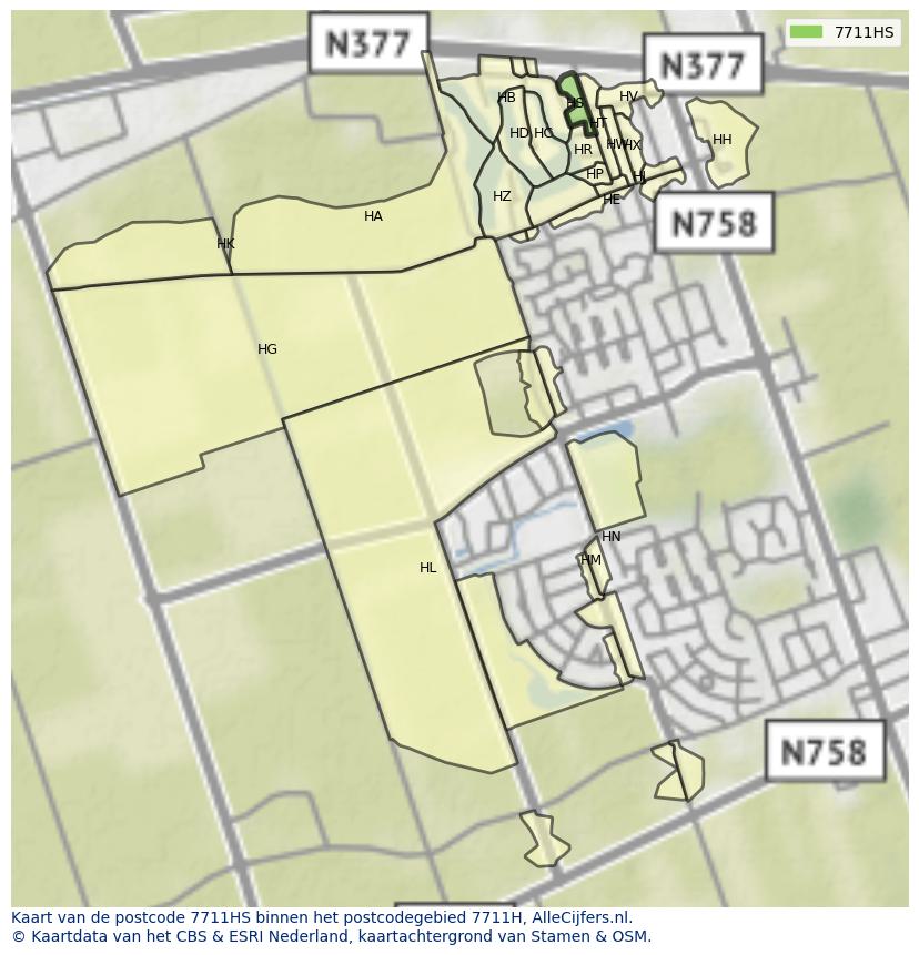 Afbeelding van het postcodegebied 7711 HS op de kaart.