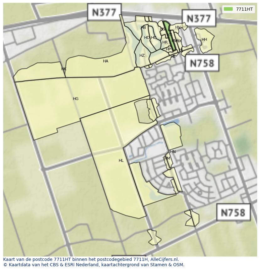Afbeelding van het postcodegebied 7711 HT op de kaart.