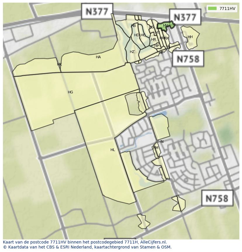 Afbeelding van het postcodegebied 7711 HV op de kaart.