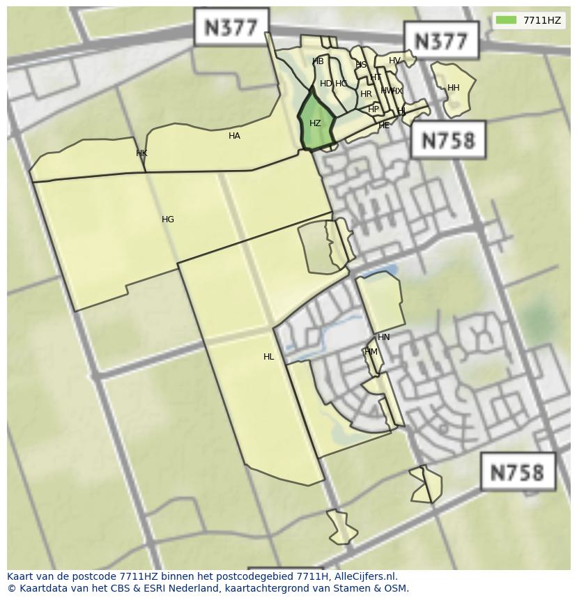 Afbeelding van het postcodegebied 7711 HZ op de kaart.