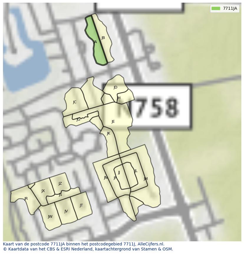 Afbeelding van het postcodegebied 7711 JA op de kaart.