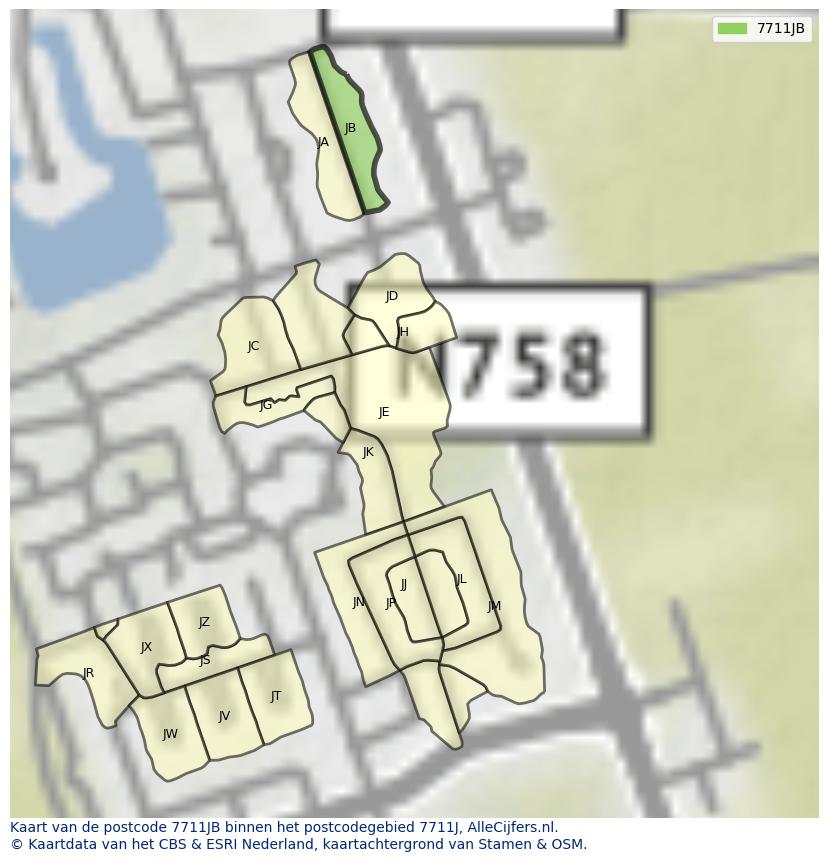 Afbeelding van het postcodegebied 7711 JB op de kaart.