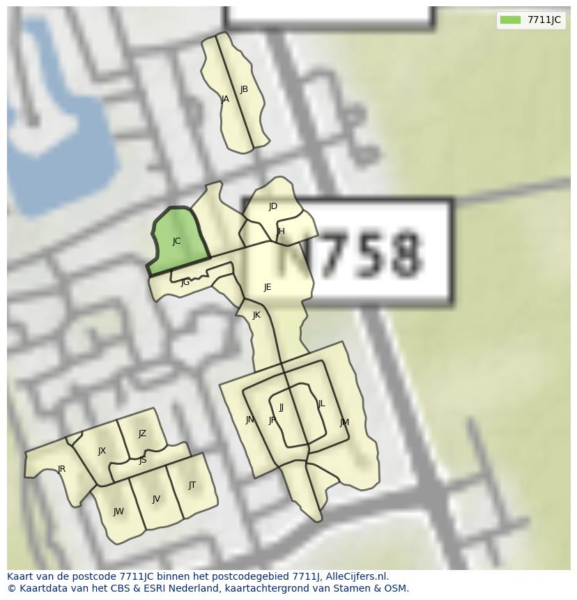 Afbeelding van het postcodegebied 7711 JC op de kaart.