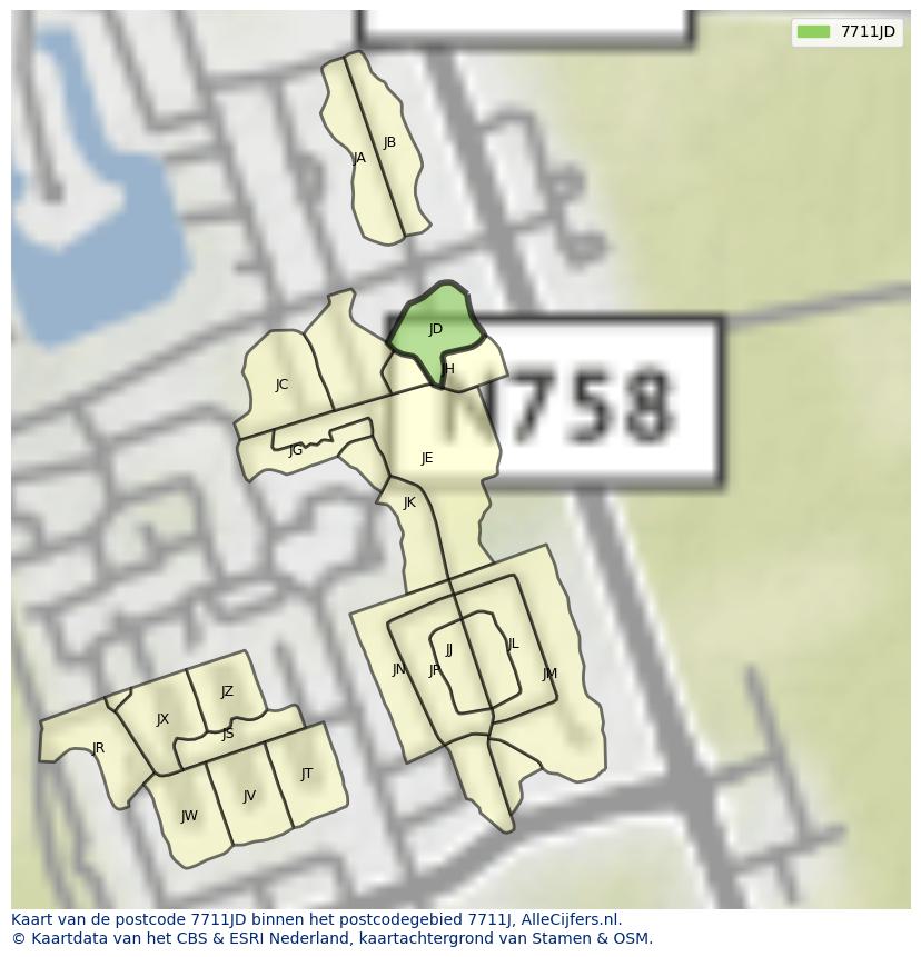 Afbeelding van het postcodegebied 7711 JD op de kaart.