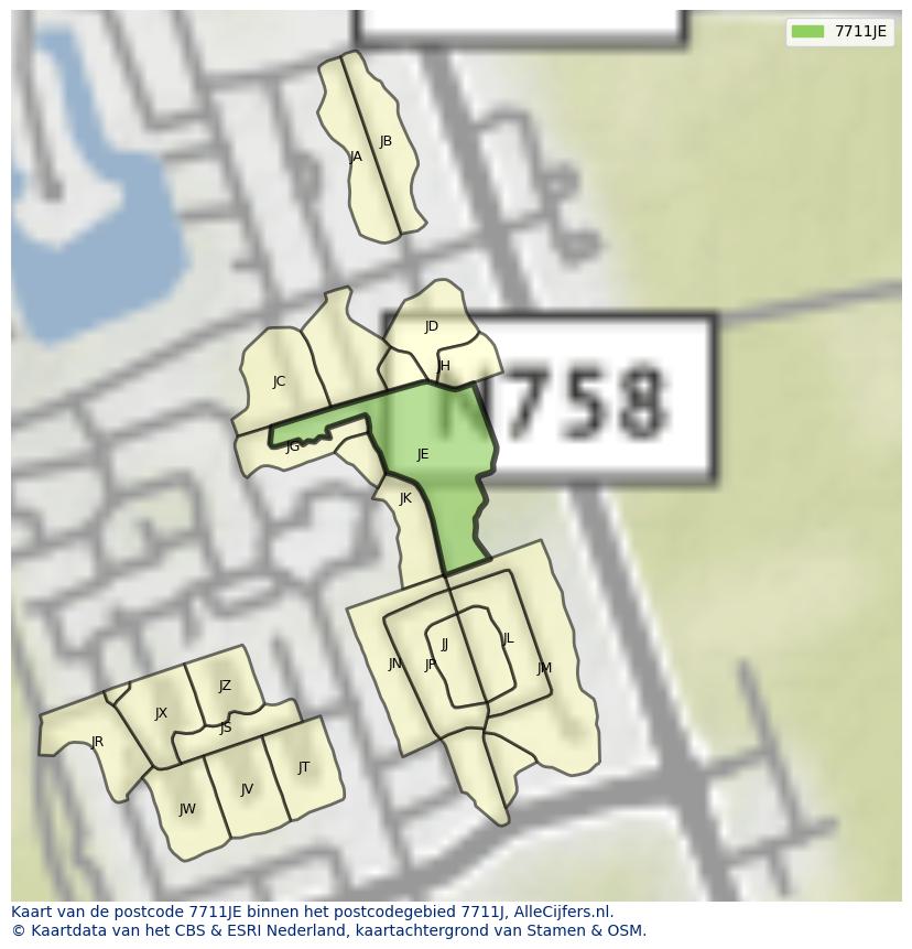 Afbeelding van het postcodegebied 7711 JE op de kaart.