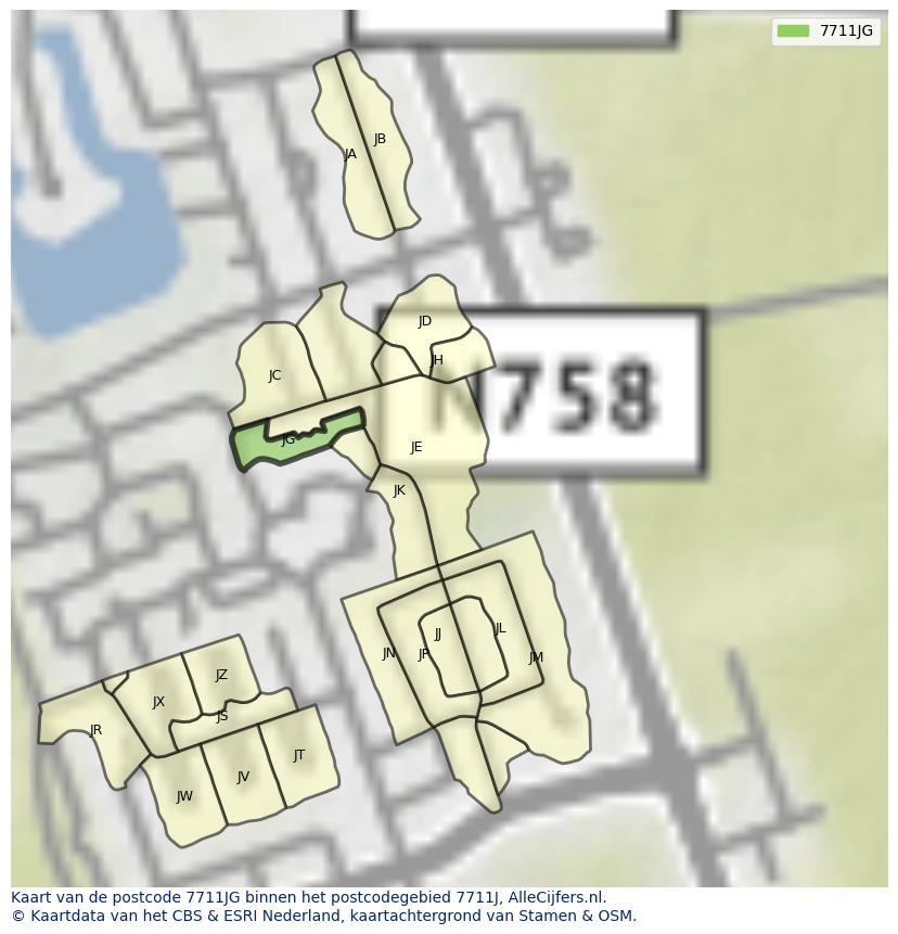 Afbeelding van het postcodegebied 7711 JG op de kaart.