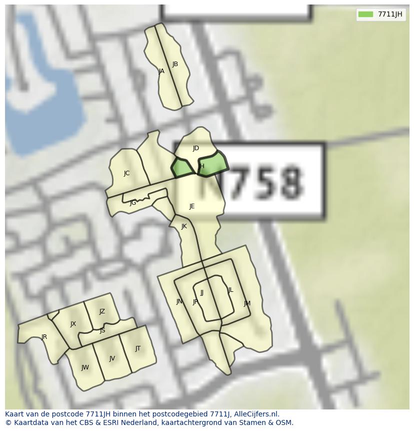 Afbeelding van het postcodegebied 7711 JH op de kaart.