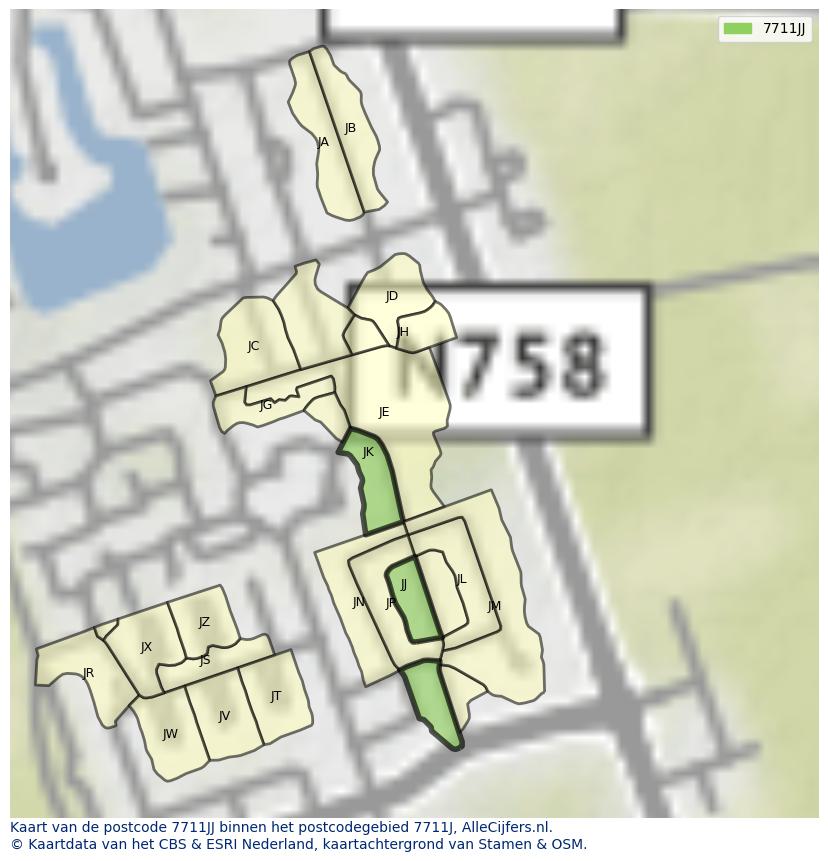 Afbeelding van het postcodegebied 7711 JJ op de kaart.