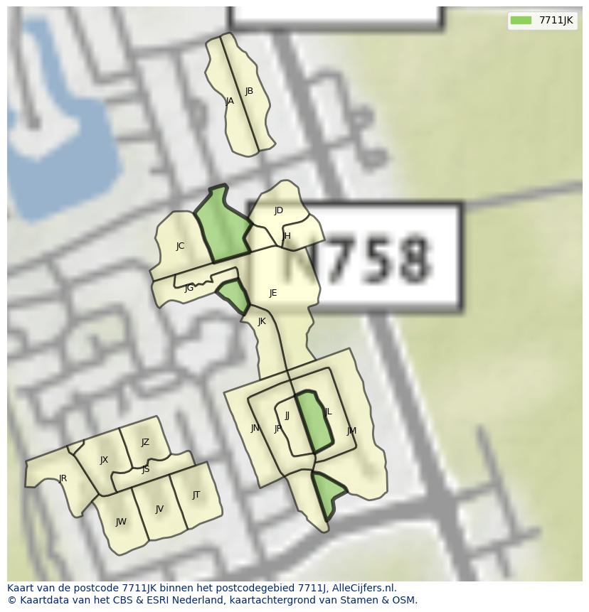 Afbeelding van het postcodegebied 7711 JK op de kaart.