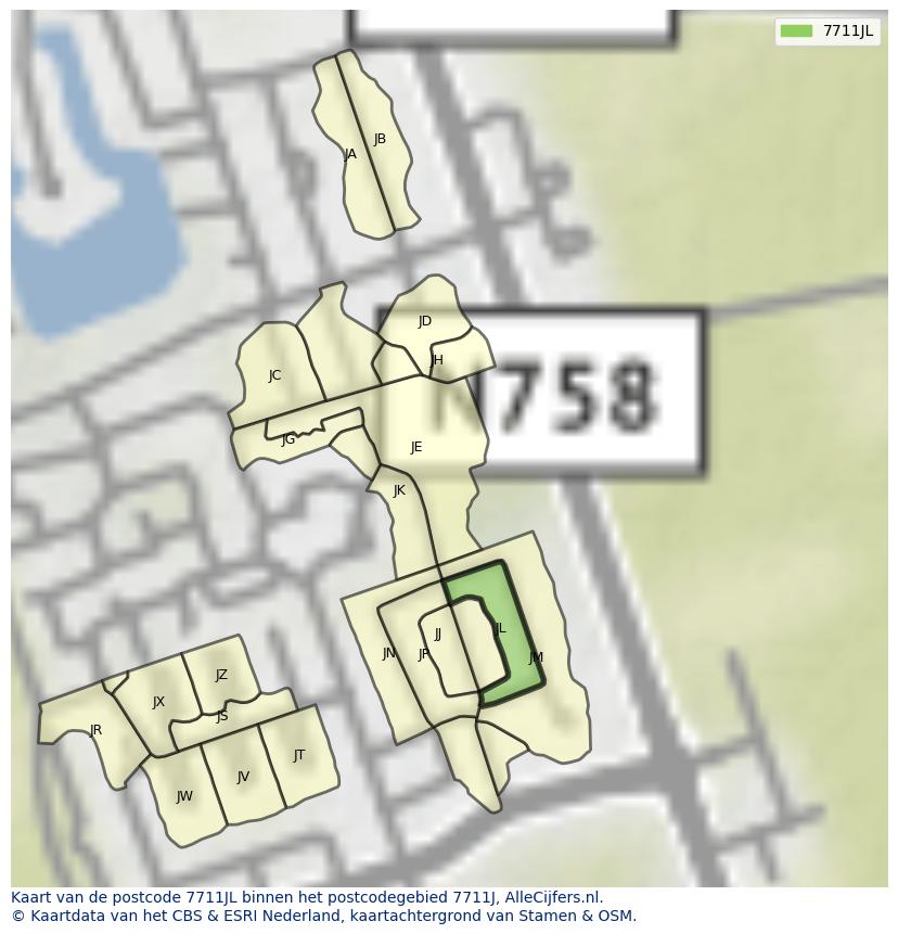 Afbeelding van het postcodegebied 7711 JL op de kaart.