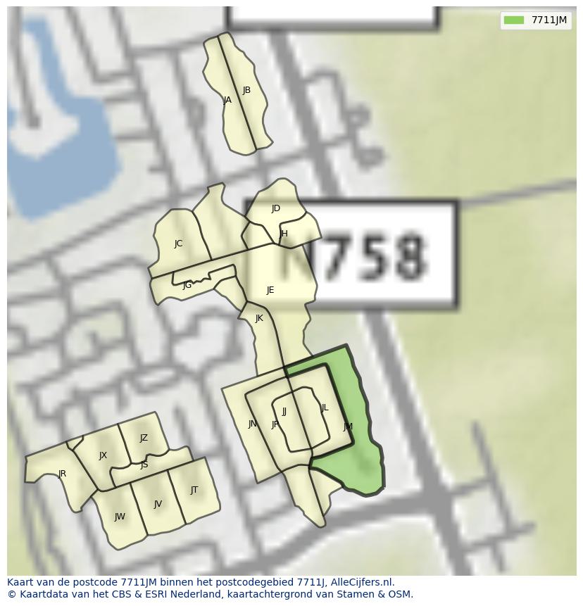 Afbeelding van het postcodegebied 7711 JM op de kaart.