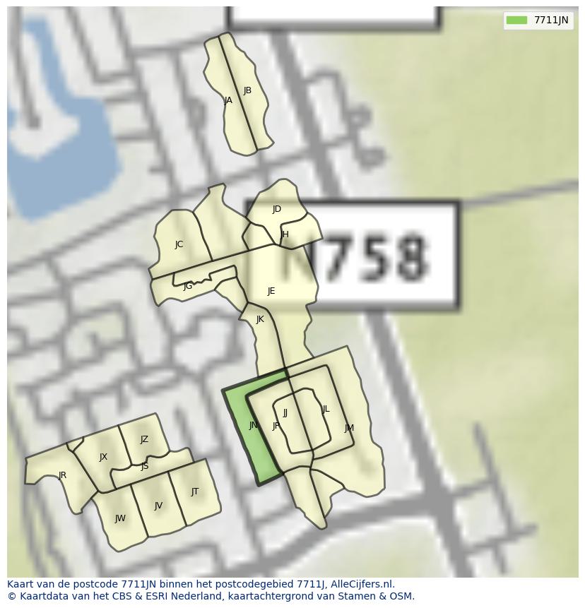 Afbeelding van het postcodegebied 7711 JN op de kaart.