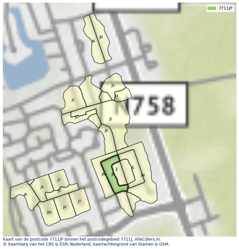 Afbeelding van het postcodegebied 7711 JP op de kaart.