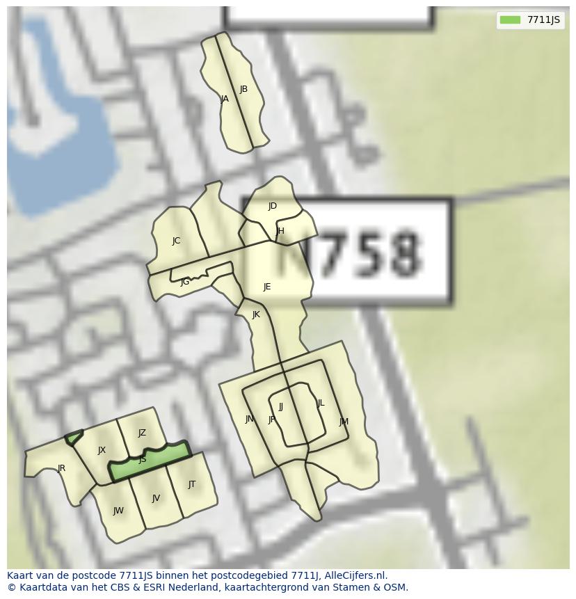 Afbeelding van het postcodegebied 7711 JS op de kaart.