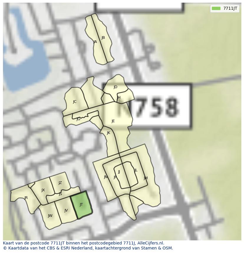 Afbeelding van het postcodegebied 7711 JT op de kaart.