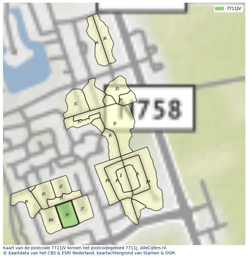 Afbeelding van het postcodegebied 7711 JV op de kaart.