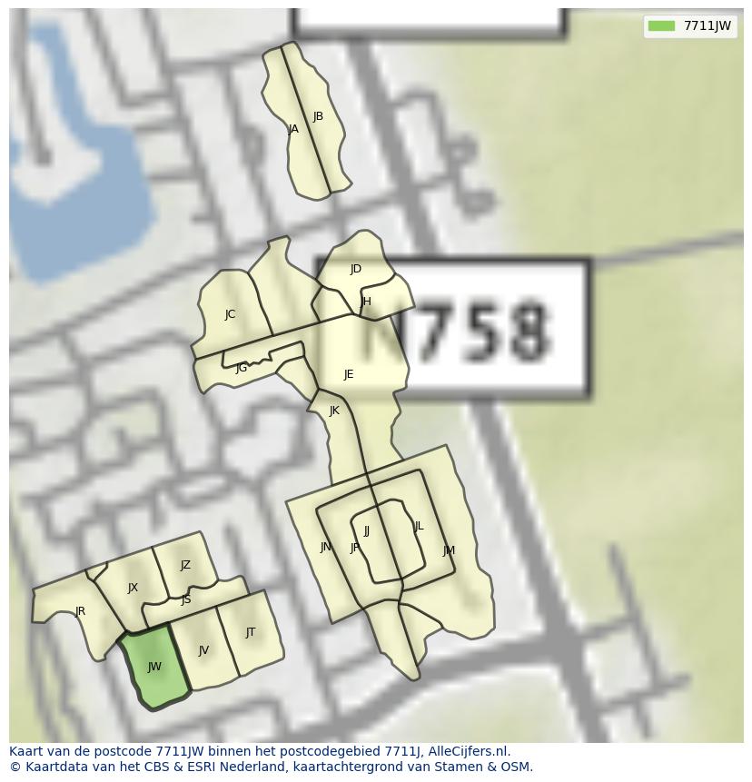 Afbeelding van het postcodegebied 7711 JW op de kaart.