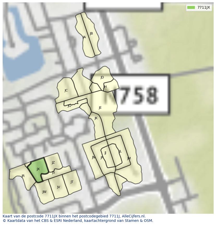 Afbeelding van het postcodegebied 7711 JX op de kaart.