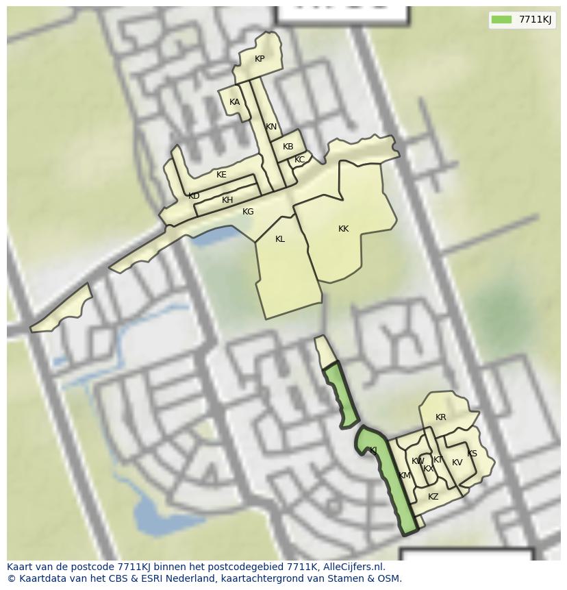 Afbeelding van het postcodegebied 7711 KJ op de kaart.